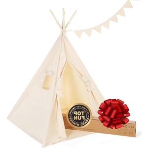 Speeltent - Speeltent voor Kinderen Kids Tipi tent zeildoek opvouwbaar indoor outdoor katoen wit natuurlijke kleuren massief houten palen vlaggen jongens meisjes Machine wasbaar niet recht wit