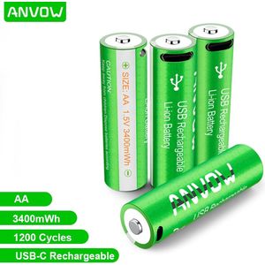 Anvow Li-ion AA Oplaadbare Batterijen 1.5V (4stuks) - Markt Leidend 3400 mWh Hoge Capaciteit met 4in1 Oplaadkabel -2 uur Snel Laden
