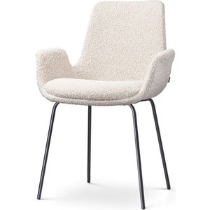 Nolon Nora-Eef Eetkamerstoel Bouclé Beige - met Armleuning - Stof - Zwart Metalen Poten - Lage Armleuning - Modern - Design - Scandinavisch