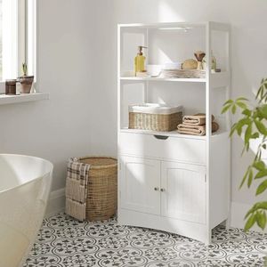 Hoge Vrijstaande Badkamerkast – Witte Opbergkast met 2 Deuren, Lade & 3 Open Planken – Moderne Multifunctionele Kast voor Badkamer, Keuken of Woonkamer