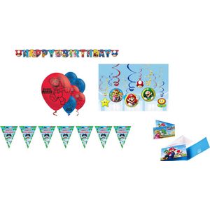 Amscan – Super Mario – Versierpakket – Letterslinger – Plafond decoratie – Vlaggenlijn - Ballonnen – Uitnodigingen - Kinderfeest.