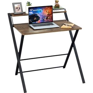 Klaptafel, geen montage nodig, 69,5 x 45 x 82,5 cm, kleine computerbureau met 2-laags rek, laptop klaptafel voor kleine ruimtes, bruin
