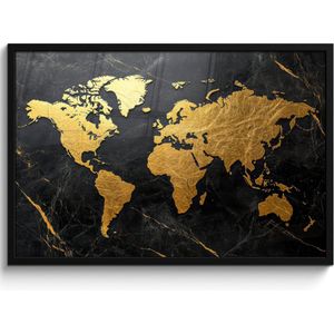 Poster in lijst - Fotolijst 90x60 cm - Posters - Wereldkaart - Goud - Marmer - Posterlijst zwart - Decoratie - Wanddecoratie woonkamer - Muurdecoratie slaapkamer