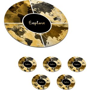 Onderzetters voor glazen - Rond - Wereldkaarten - Collage - Goud - 10x10 cm - Glasonderzetters - 6 stuks
