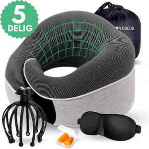 CMFY GOODS - Nekkussen Memory foam - 5-delige SET - Luxe Reiskussen - Hoofdmassage apparaat - Nekkussen vliegtuig - Nekkussen auto - Hoofdmassage spin