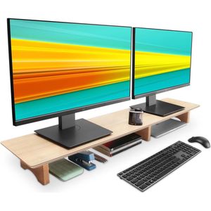 Grote monitorstandaard voor computerschermen - 109 x 23,5 x 10,5 cm - houten riser met duurzame kurkblokken voor zware laptops, computers, tv, pc, perfecte organizer voor op kantoor, thuis (eiken, groot)