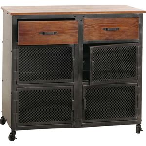 Ladekast MCW-N28, kast, wielen 2 laden, 3D structuur industrieel retro metaal hout 90x100x40cm ~ zwart, bruin