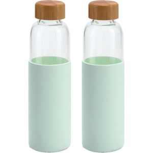 4x Stuks glazen waterfles/drinkfles met mint groene siliconen bescherm hoes 600 ml - Sportfles - Bidon