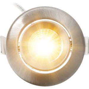 Led inbouwspot nikkel/RVS dimbaar, warm wit (2700K), kantelbaar, 5W vervangt 50W, zaagmaat Ø55mm, buitenmaat Ø62mm, 23mm diep