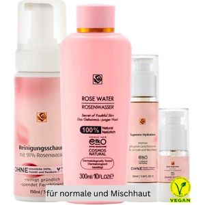 Verzorgingsset Voor Normale/Gemengde Huid- Reinigingsschuim 150 ml met Panthenol, Rozenwater/Gezichtswater 300 ml, Gezichtscrème Met Hyaluronzuur 50 ml, Oogserum 15 ml - Huidverzorgingspakket