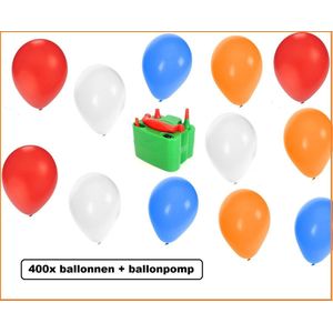 400x Ballonnen rood/wit/blauw/oranje met elektrische ballonpomp - EK voetbal hockey sport evenement festival koningsdag  holland nederland  rood wit blauw oranje thema feest