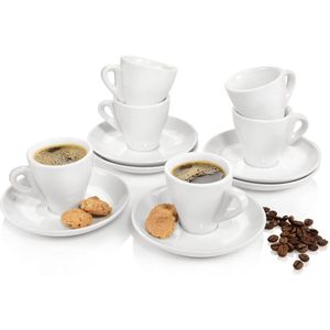 espressokopjes, set, wit, 12-delig, van porselein, inhoud 80 ml, 6 espressokopjes en 6 schoteltjes, robuuste mokkabeker, dikke drinkrand