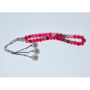 Handgemaakte tesbih ""tasbih"" natuursteen "" Banded Agaat Magenta roze "" - Aantal kralen 33 - Diameter kralen 10 MM - met metaal tassel ""model 6"" - Een mooi cadeau-idee