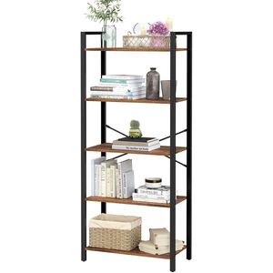 Boekenkast Industriële Stijl – Rustiek Bruin & Zwart – 5 Planken – Metalen Frame – Vintage Open Kast – Wandrek voor Woonkamer, Slaapkamer, Kantoor – 66x30x153 cm