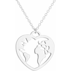 Fako Bijoux® - Ketting - Wereldbol Hart - Wereldkaart - Zilverkleurig