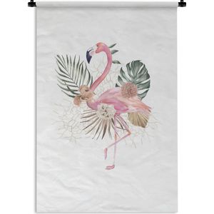 Wandkleed FlamingoKerst illustraties - Een flamingo en bloemen op een witte achtergrond Wandkleed katoen 60x90 cm - Wandtapijt met foto