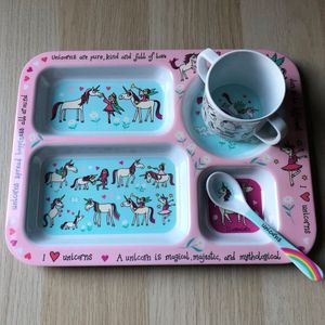 Eenhoorn kinder servies set melamine (vakjesbord + trainingsbeker + lepel) - Tyrrell Katz