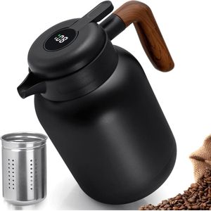 Thermosfles 1,5 L, koffiepot thermisch gemaakt van dubbelwandig roestvrij staal 316, theepot thermisch met verwijderbare theezeef, theethermosfles met temperatuurdisplay, geïsoleerde kan met houten handvat, 12 uur hitte/18 uur koud