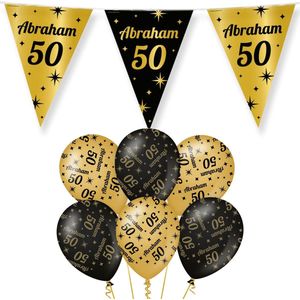 Paperdreams Luxe Abraham/50 jaar feest set - Ballonnen & vlaggenlijnen - zwart/goud - 13x stuks