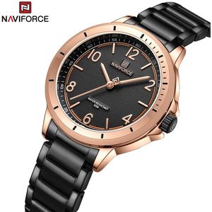 NAVIFORCE horloge met zwarte stalen polsband, zwarte wijzerplaat, gouden horlogekast en gouden wijzers, voor dames met stijl ( model 5021 RGBB )