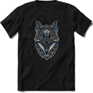 Vos - Dieren Mandala T-Shirt | Blauw | Grappig Verjaardag Zentangle Dierenkop Cadeau Shirt | Dames - Heren - Unisex | Wildlife Tshirt Kleding Kado | - Zwart - 3XL