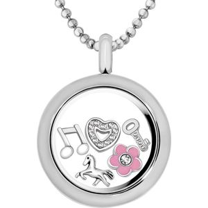 Quiges Memory Medaillon RVS 25mm met Ketting 70cm en 5 Floating Charms - CLS013