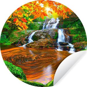 Behangcirkel - Waterval - Herfst - Stenen - Mos - 50x50 cm - Zelfklevend behang - Rond behang - Cirkel behang - Behangcirkel zelfklevend - Wanddecoratie cirkel