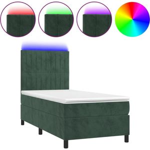 vidaXL - Boxspring - met - matras - en - LED - fluweel - donkergroen - 90x190 - cm