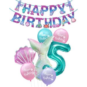Cijfer ballon 5 Turquoise - Zeemeermin - Mermaid - Meermin - Plus Ballonnen Pakket - Kinderfeestje - Verjaardag Slinger - Snoes