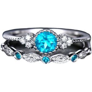 Ring met edelsteen (set) - Ring met blauwe steen - Ring maat 18 zilver kleurig staal - Maat 57 ring dames ringen set van 2 - Aquamarijn