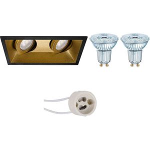 LED Spot Set - OSRAM Parathom PAR16 930 36D - Proma Zano Pro - GU10 Fitting - Dimbaar - Inbouw Rechthoek Dubbel - Mat Zwart/Goud - 3.7W - Warm Wit 3000K - Kantelbaar - 185x93mm