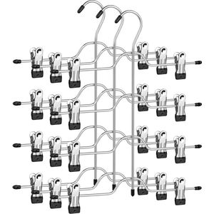 Broekhangers ruimtebesparend, meervoudige broekhangers met clips, set van 3, kleerhangers van metaal, voor 4 broeken, met 8 verstelbare klemmen, antislip, voor broeken, 32 cm, zilver-zwart