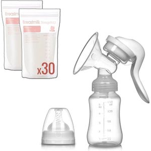 Handmatige melkpomp 150 ml met aanpasbare speen en 30 gesteriliseerde moedermelkopbergzakken