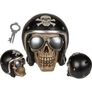 Doodshoofd Skull schedel spaarpot Motorhelm zwart - 16 x 13 cm - met sleuteltje - Vaderdag cadeau