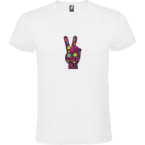 Wit T shirt met Full Color print  ""Peace “ Flower Power Logo print size XL