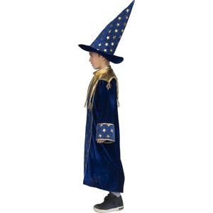 Funny Fashion - Tovenaar & Tovenares & Waarzegster Kostuum - Tovenaar Meester Van Het Heelal Kind Kostuum - Blauw, Goud - Maat 164 - Carnavalskleding - Verkleedkleding