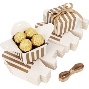 Belle Vous 60 Pak Wit & Gouden Kartonnen Geschenkdoosjes met Lint - 6,5 x 6,5 x 4,6 cm - Huwelijks Geschenk/Snoep Doosjes voor Jubileum, Verjaardagsfeest of Bruidsshower