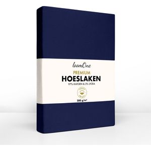 Loom One Premium Hoeslaken – 97% Jersey Katoen / 3% Lycra – 200x220 cm – tot 35cm matrasdikte– 200 g/m² – voor Boxspring-Waterbed - Donkerblauw