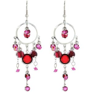 Behave Zilverkleurige oorbellen met roze en rode hangers