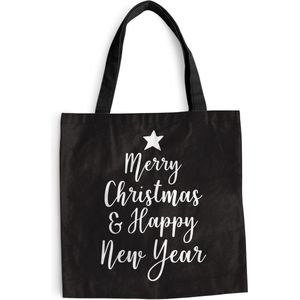 MuchoWow® Schoudertas - Strandtas - Big Shopper - Boodschappentas - Kerst quote ""Merry Christmas & Happy New Year"" op een zwarte achtergrond - 40x40 cm - Katoenen tas
