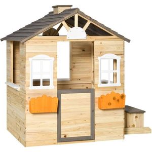 Speelhuis Voor Kinderen, Houten Kinderspeelhuis Met Raam, Brievenbus, Buitentuin Speelhuis Met Bloempottenrek, Houten Speelhuis Voor 3-7 Jaar, Dennenhout, Naturel, 113 X 94 X 134,5 Cm