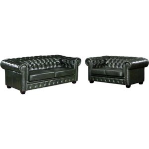 LINEA SOFA Driezits- en tweezitsbank Chesterfield BRENTON 100% buffelleer - empire groen L 201 cm x H 73 cm x D 96 cm