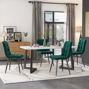 Sweiko 117cm Eettafel met 4-stoelen set, rechthoekige eettafel moderne keuken tafel set, eetkamer stoel donkergroene fluweel keuken stoel, zwarte tafelpoten
