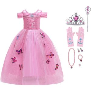 Het Betere Merk - Prinsessenjurk meisje - Roze vlinders - Verkleedkleren meisje - Maat 122/128(130) - Toverstaf - Kroon - Tiara - Juwelen - Roze handschoenen - Roze jurk - Carnavalskleding kinderen - Kleed