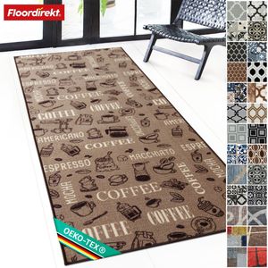 FLOORDIREKT Tapijtloper Coffee - Op maat- Koffiemotief - Antislip - Aanpasbaar aan Elke Kamer - 80 x 200 cm