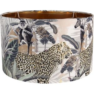 HAES DECO - Lampenkap - City Jungle - beige met panters bedrukt en goudkleurige binnenkant - formaat Ø 45x28 cm, voor Fitting E27 - Tafellamp, Hanglamp