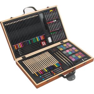 88-delige tekendoos - luxe houten koffer - kleurpotloden - Bruin