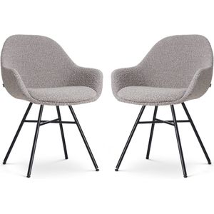 Nolon Noa-Mae Eetkamerstoelen Set van 2 Bouclé Taupe - met Armleuning - Stof - Zwart Metalen Poten - Design - Scandinavisch - Comfortabel