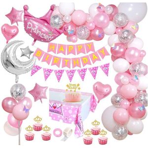 Prinses feestpakket 66-delig - Prinses slingers - Prinses versiering, Caketoppers & Tafelkleed - Prinses verjaardag - Prinses ballonnen - Slingers verjaardag roze prinses - Prinsessen accessoire set