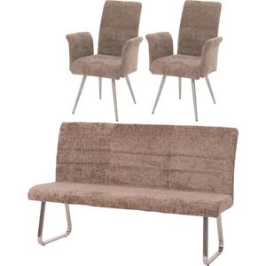 Eetkamerset MCW-G55, set van 2 stoelen met armleuningen + zitbank 180cm, geborsteld roestvrij staal stof/textiel chenille ~ bruin